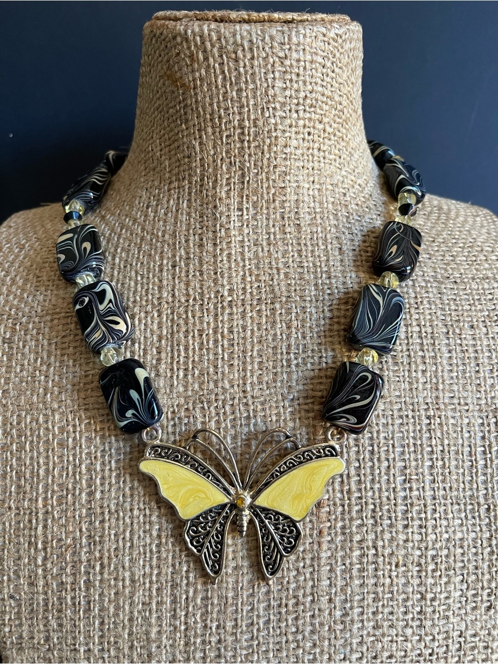 Art glass & Yellow enamel Butterfly Pendant Bead Necklace.